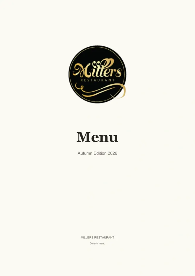Millers restaurant menu, Autumn Edition 2026
